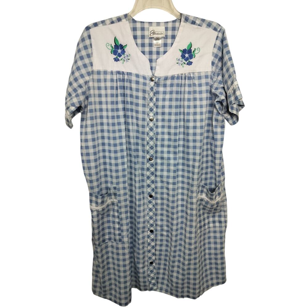 5407)Easy Essentials L Gingham Snap Button Up Floral Embroidery House Dress